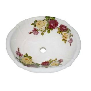 Eden Rose painted in maroon and yellow on a white fluted drop-in basin