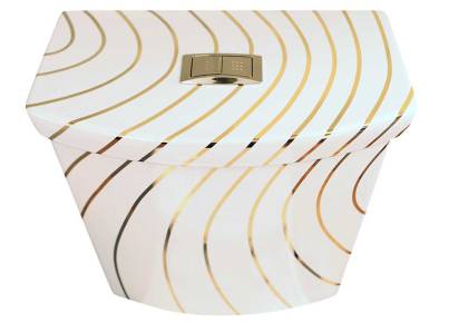 Dual flush toilet tank and lid decorated with the Gold Swirling Lines design.