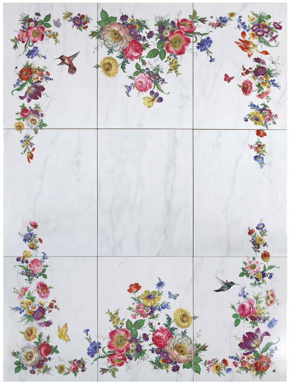 Custom tile mural in the Scented garden floral design.