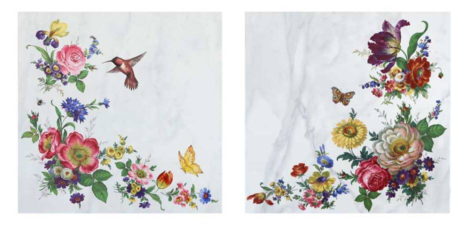 hand painted porcelain accent tiles with flowers, butterflies and hummingbirds.