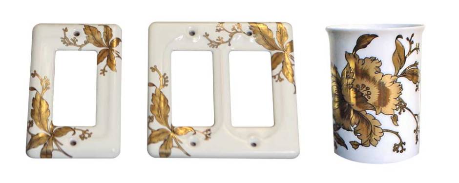 hand painted gold orchid ceramic switch plate and cup