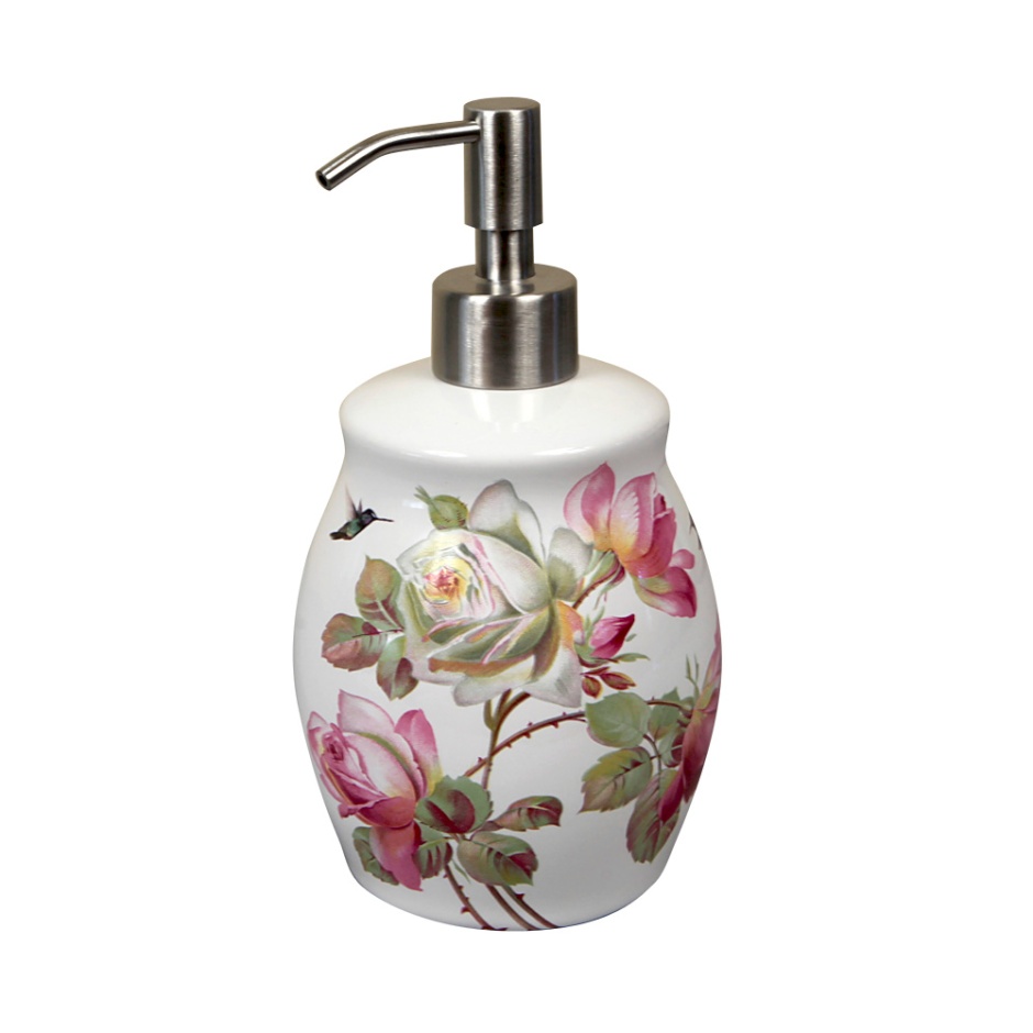 Heirloom Roses deisgn painted on a white porcelain soap dispenser.