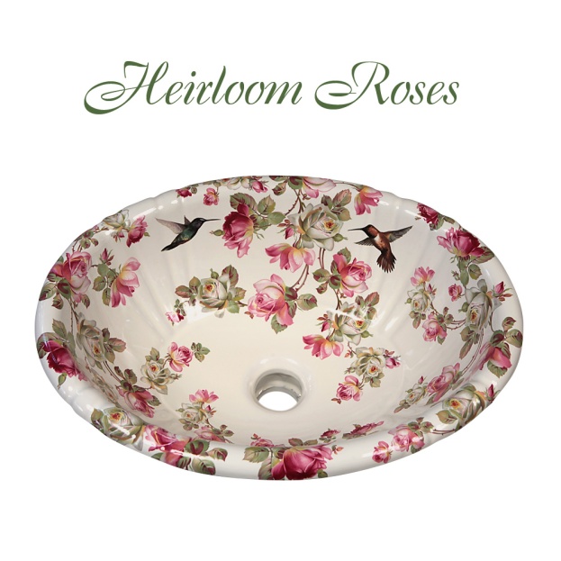 Heirloom Roses & Hummingbirds painted on a biscuit fluted drop-in basin.