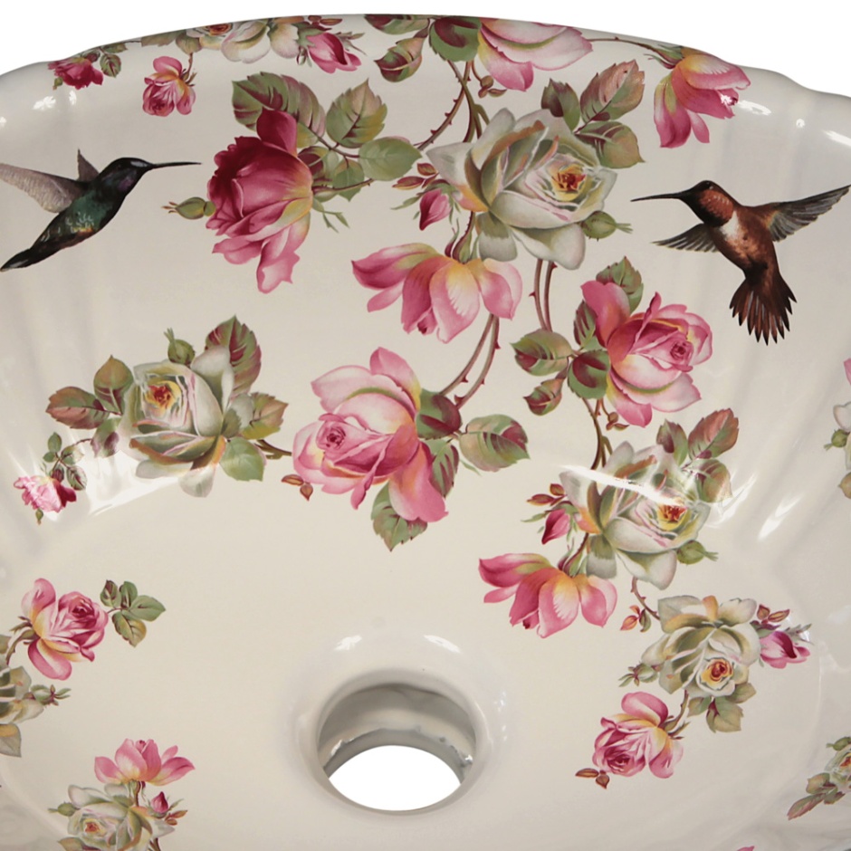 pink roses and hummingbirds painted bathroom basin