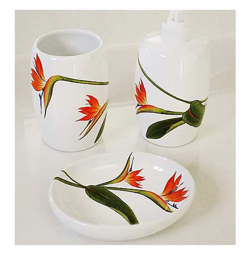 Bird of Paradise hand painted ceramic bath accessories
