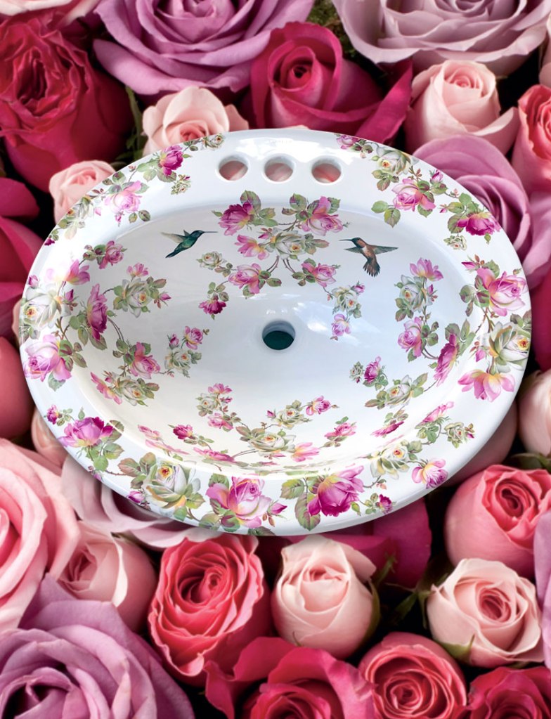 sink painted with pink roses and hummingbirds