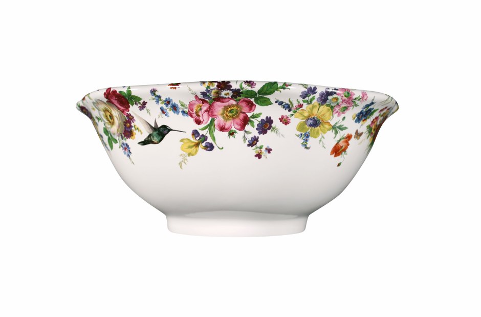 vessel sink painted with flowers and hummingbirds