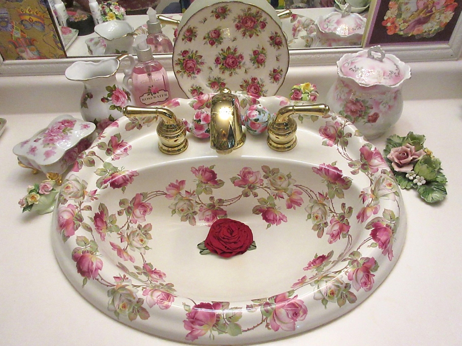 Pink Roses painted bathroom sink